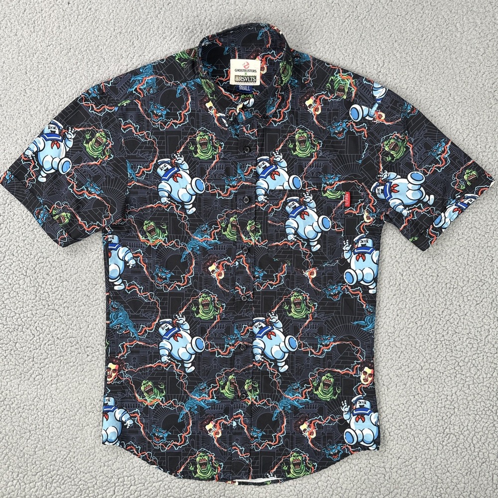Ghostbusters x RSVLTS Button Up Shirt Men Small Black Slimer Stay Puft AOP Gozer